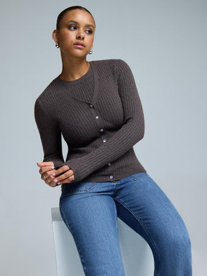 Cable Knit Button-Front Cardigan Med Brown