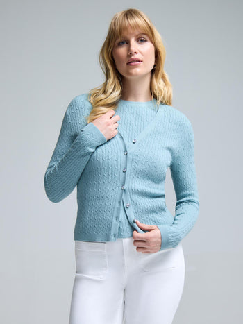 Cable Knit Button-Front Cardigan Turquoise