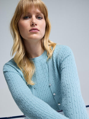 Cable Knit Button-Front Cardigan Turquoise