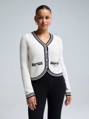 Cardigan côtelé à col en V et bordure contrastée Pearl