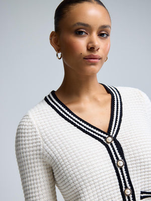 Cardigan côtelé à col en V et bordure contrastée Pearl
