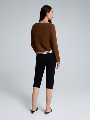 Cardigan côtelé à col en V et bordure contrastée Amber Brown