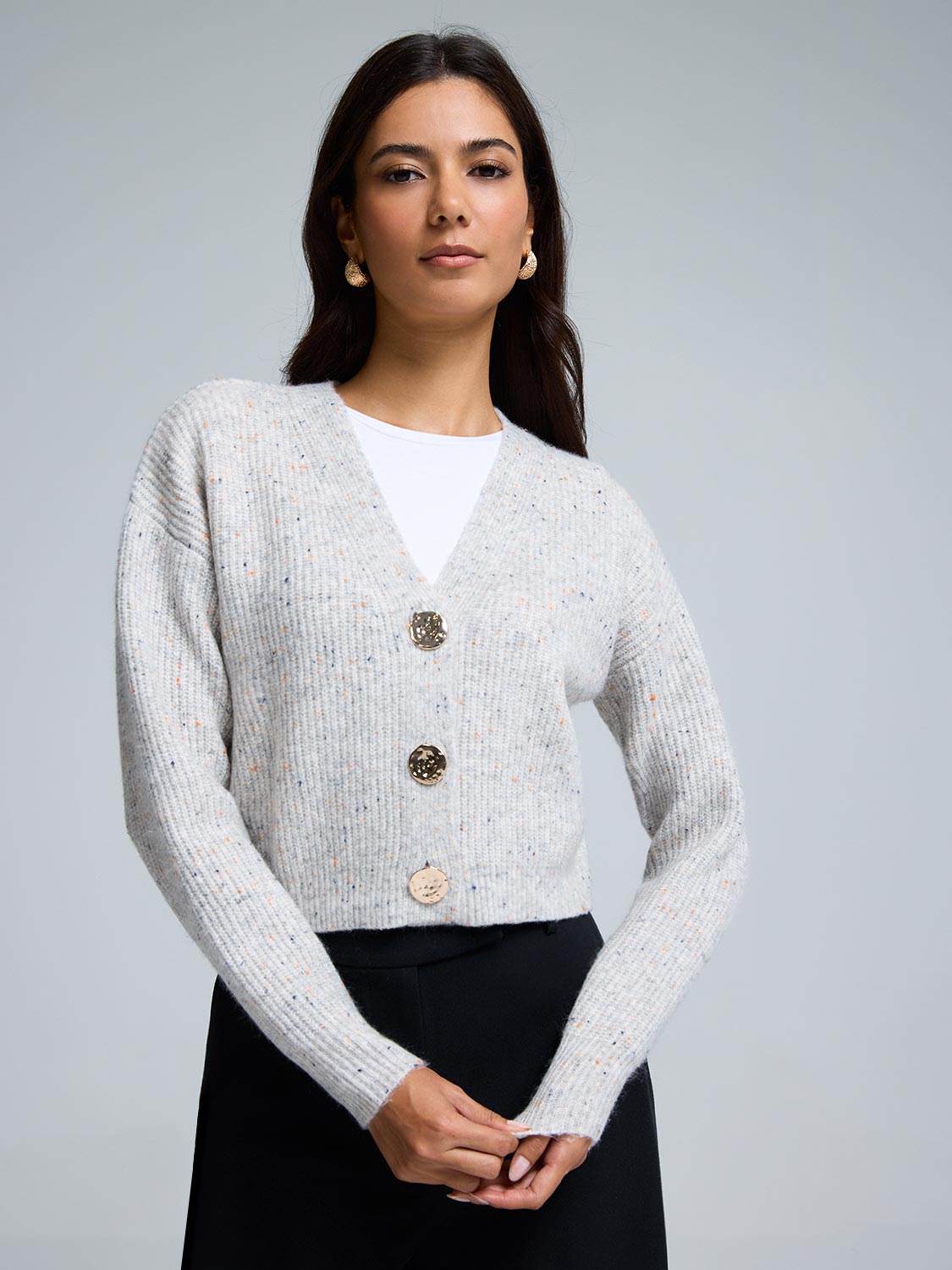 Gold Metal Button-Front Cardigan – Suzy Shier