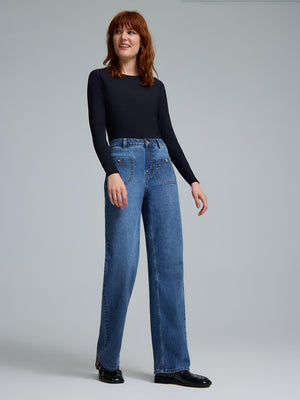 Double Layer Crew Neck Ribbed Top Black