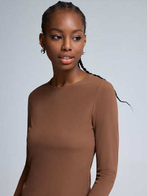 Double Layer Crew Neck Ribbed Top Brown