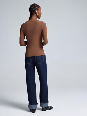 Double Layer Crew Neck Ribbed Top Brown