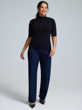 Elbow Sleeve Mock Neck Top Black