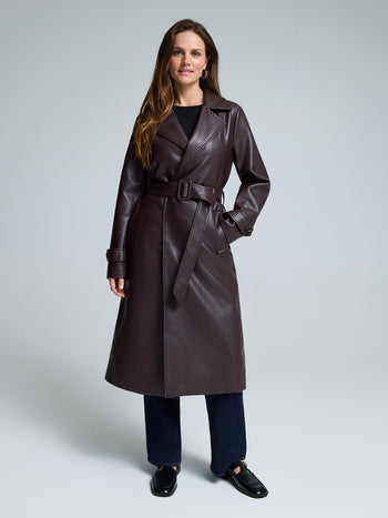 Long Faux Leather Trench Coat Brown