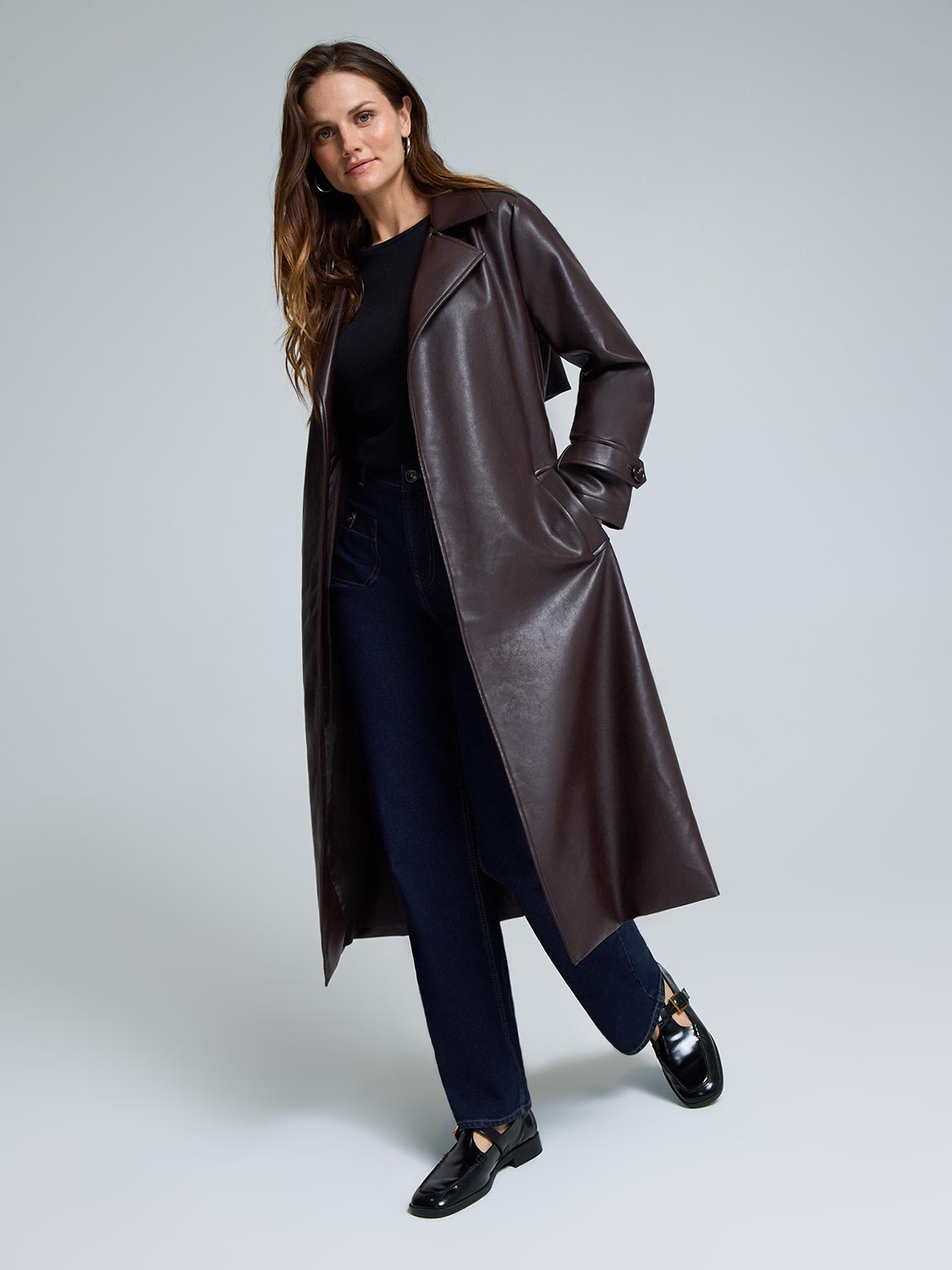 Long Faux Leather Trench Coat – Suzy Shier