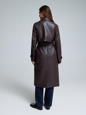 Long Faux Leather Trench Coat Brown