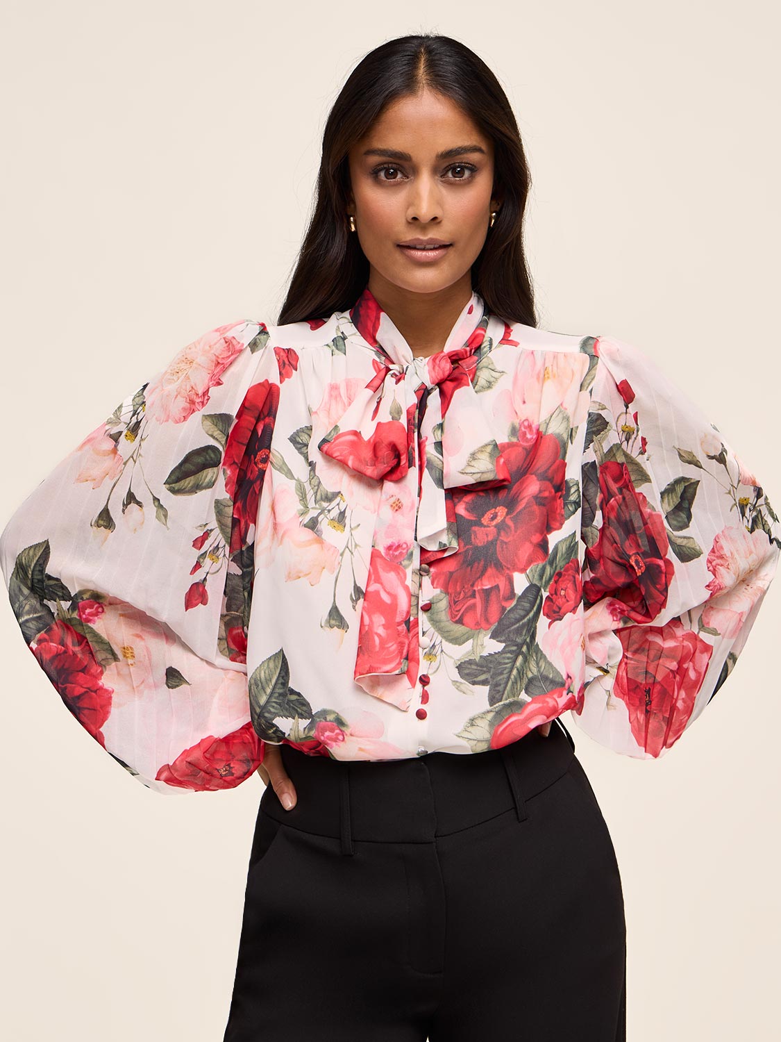 Floral Blouse - Ruffle Sleeve, Neck Tie | Le Chateau – Suzy Shier