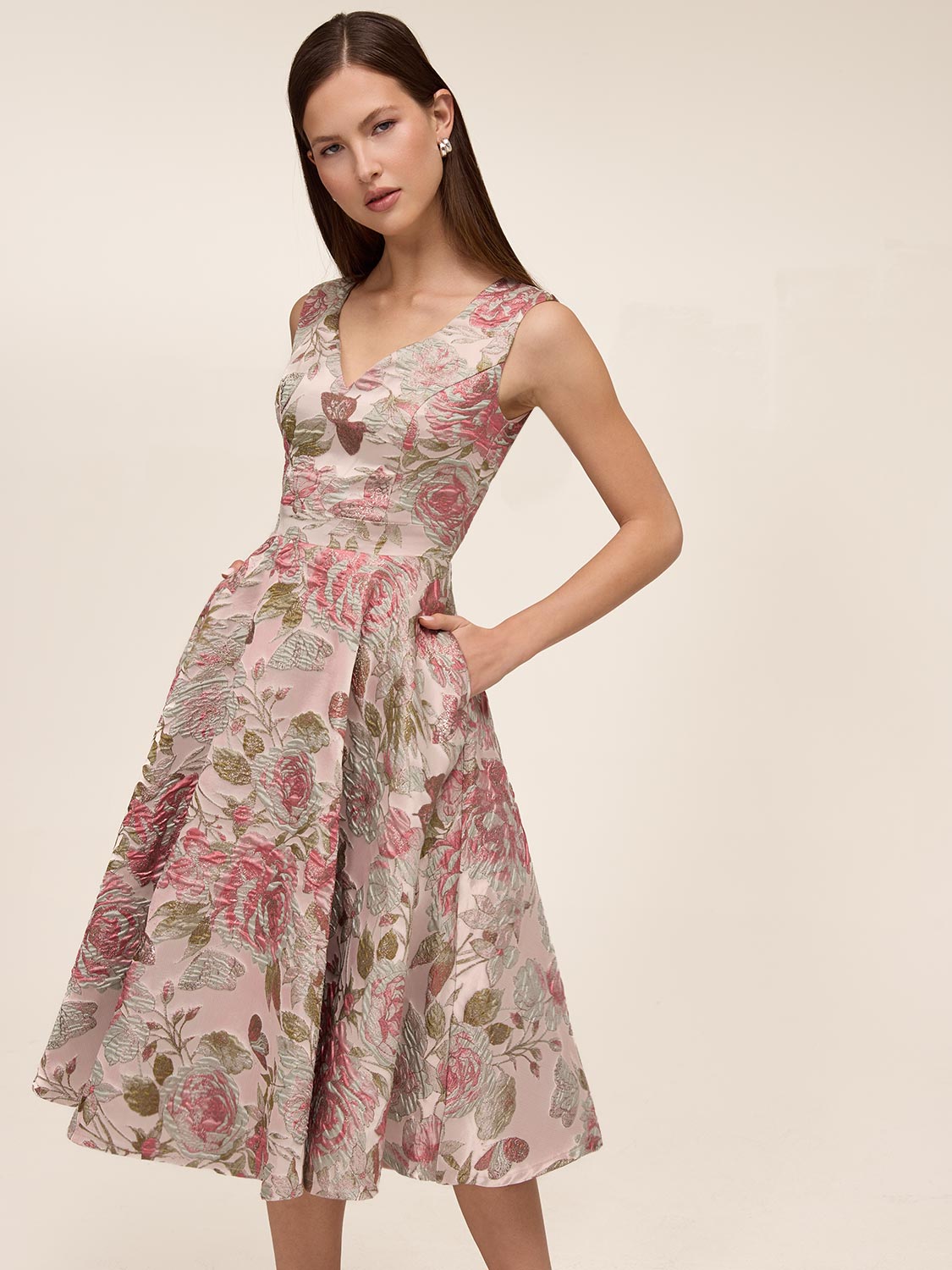 Jacquard Floral Midi Dress - Sweetheart Neckline
