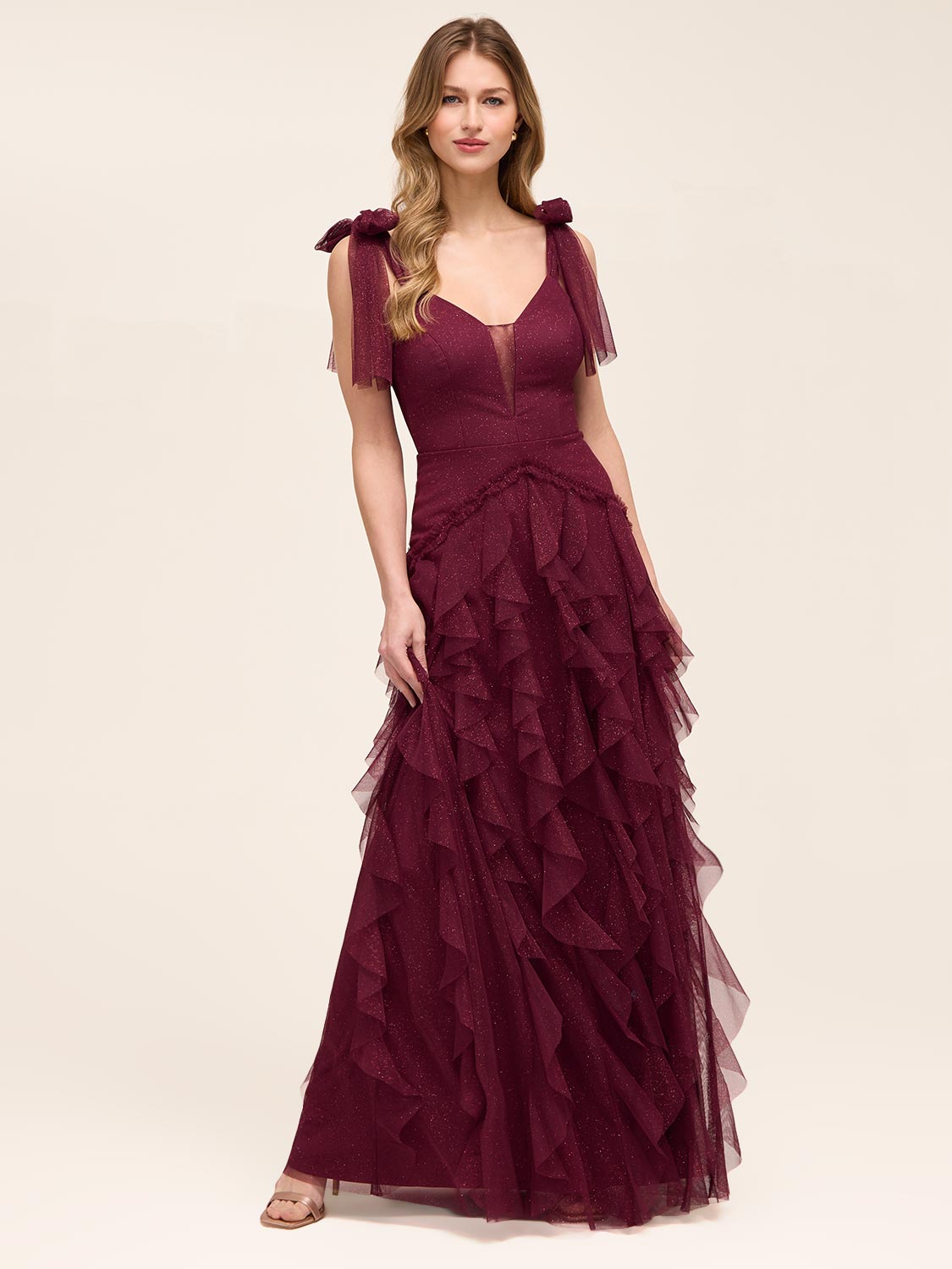 Tiered Corkscrew Formal Gown | Merlot | XS