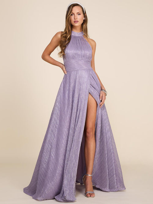Halter Neck Metallic Crinkle Knit Gown With Open Back