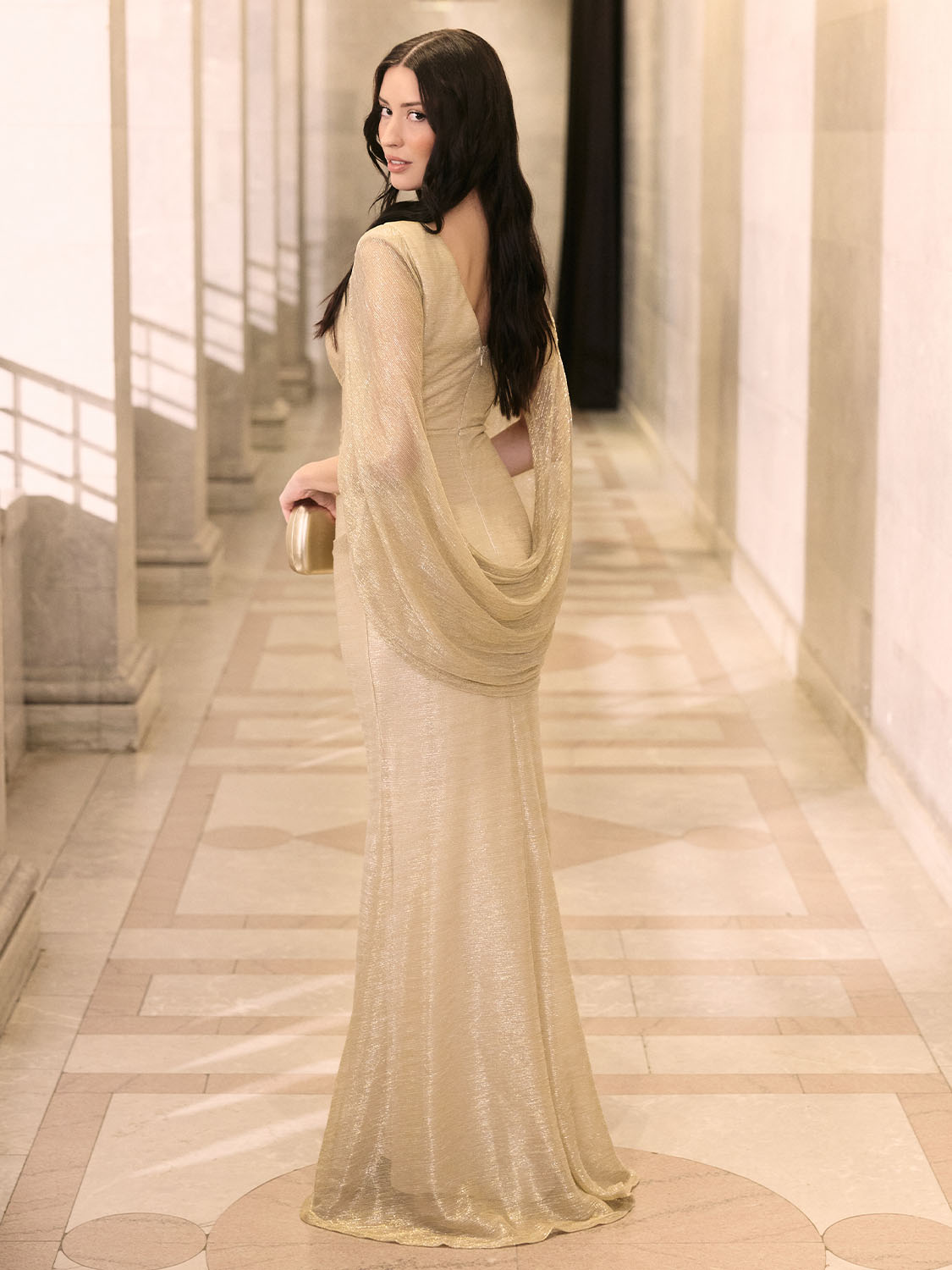 Metallic Crinkle Knit Gown With Back Cape Metallic Crinkle Knit Gown With Back Cape