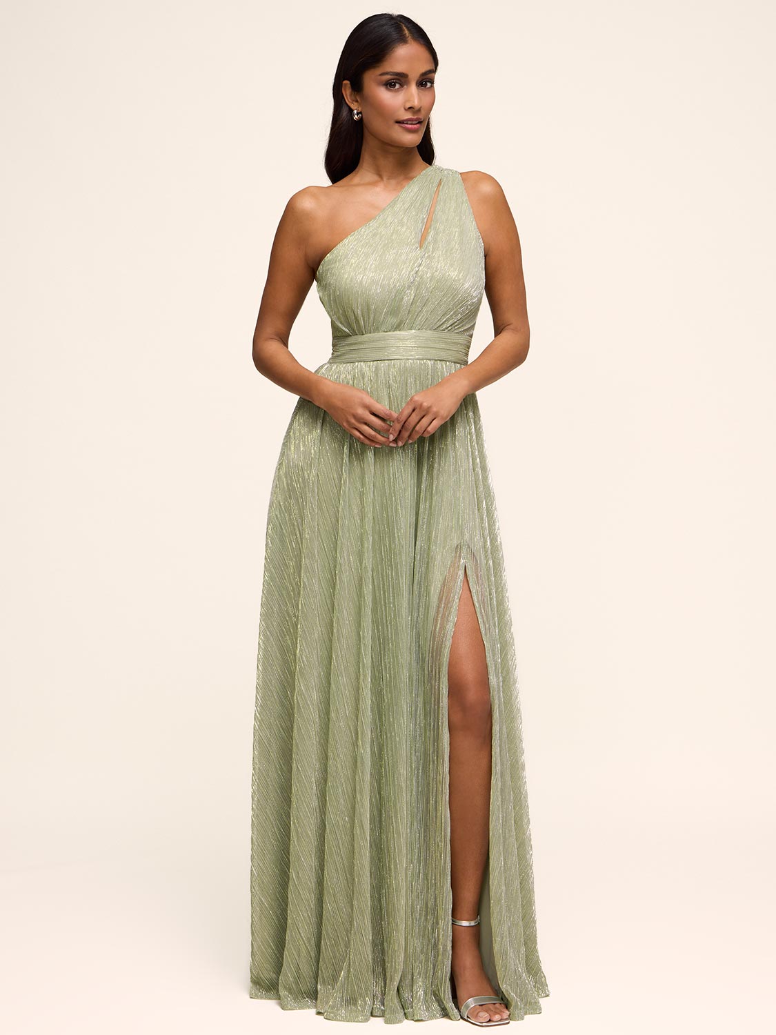 le chateau green dress Metallic One-Shoulder Gown