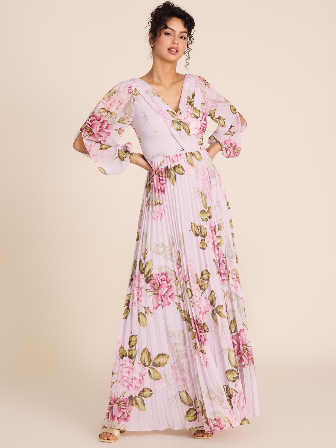Pink Floral Chiffon Gown - Cold Shoulder, Balloon Sleeve
