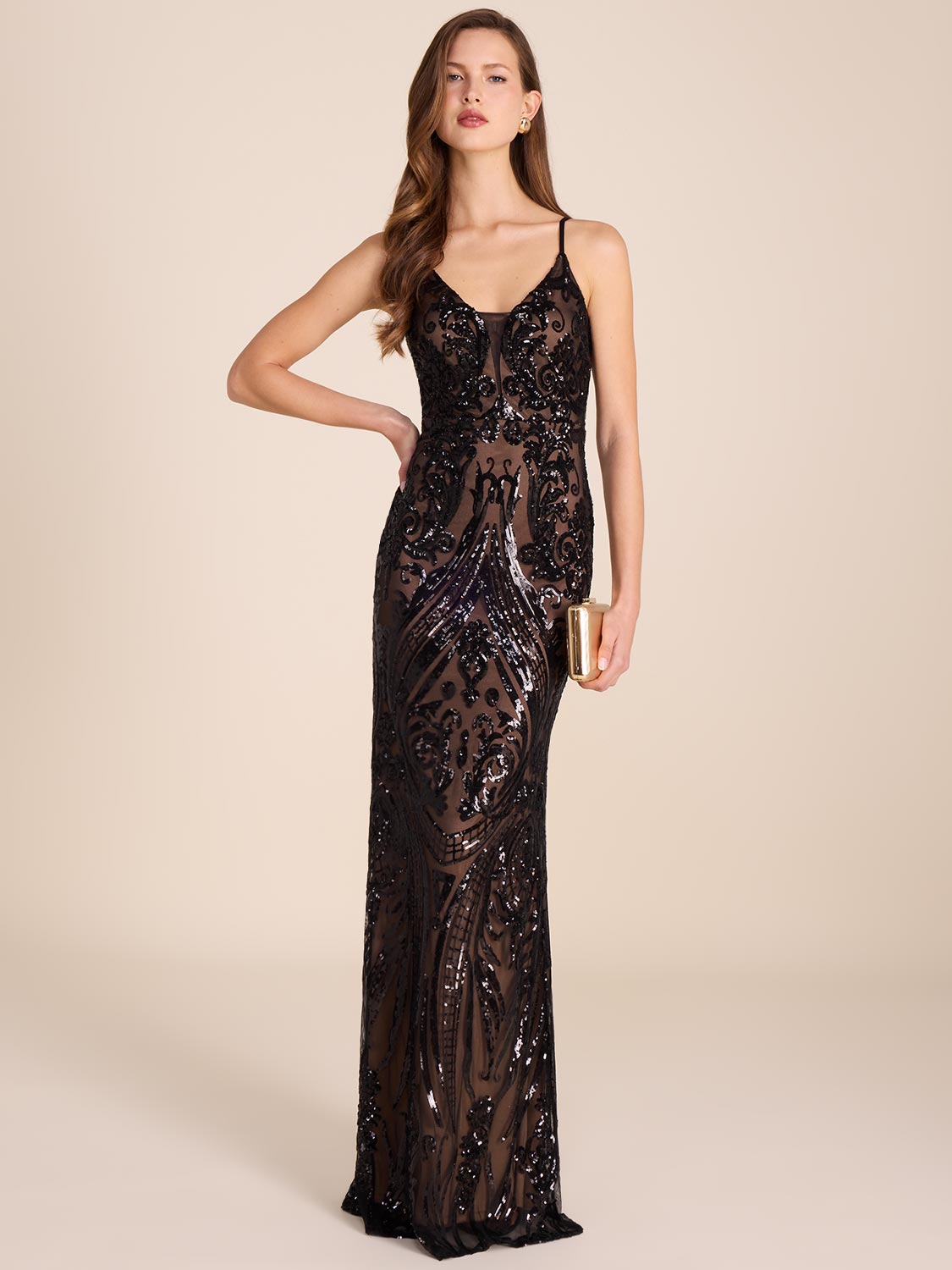Sequin Suzy Shier Dresses Black Sequin Column Gown Open Back Le