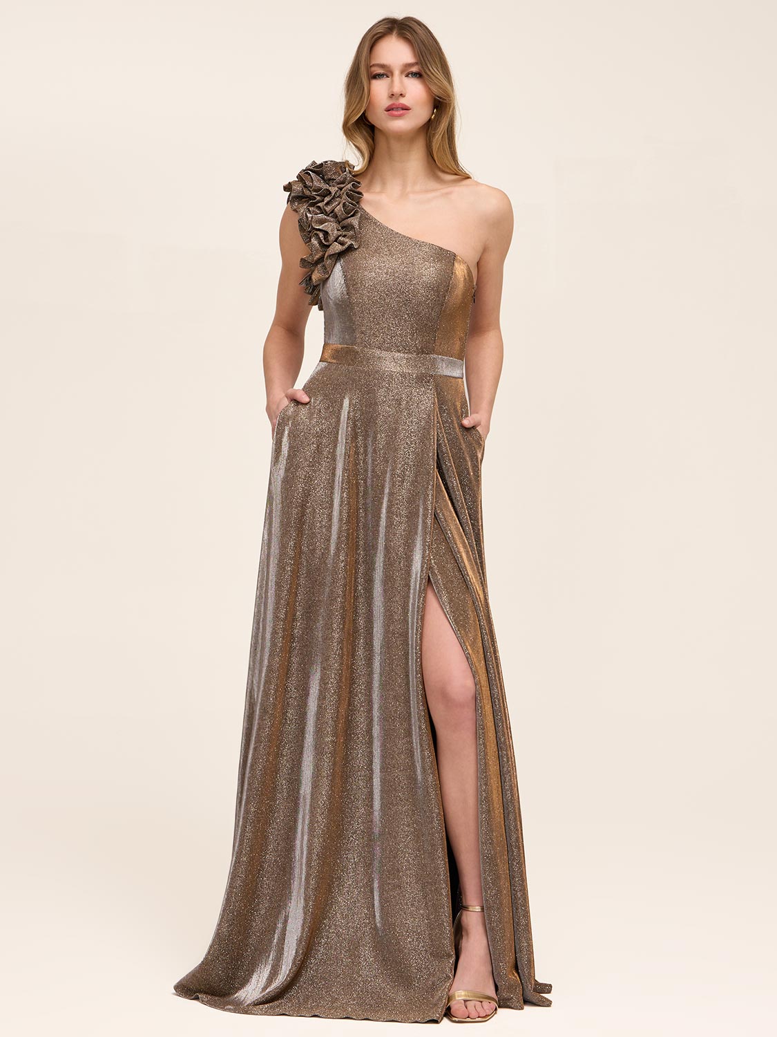 One-Shoulder Metallic Gown