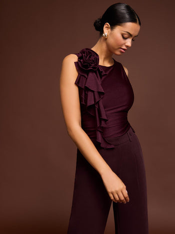 Sleeveless Rosette Ruffle Top Wine