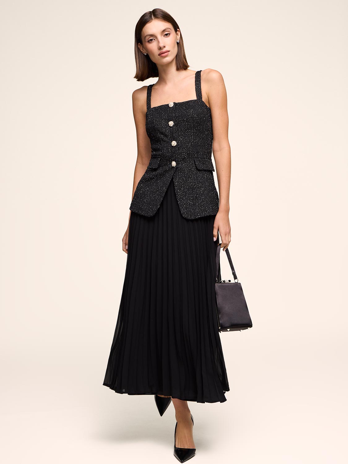Bouclé Vest & Chiffon Skirt Combo Dress | Le Chateau – Suzy Shier