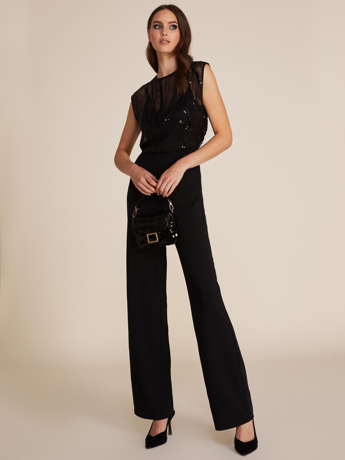 Le Chateau Illusion Sequin Top Straight Leg Jumpsuit Woman Black XX Small