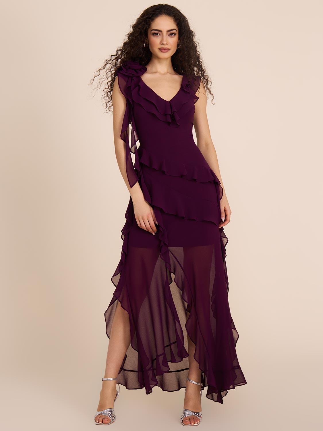 Chiffon Gown - Tiered Ruffles, V-Neck