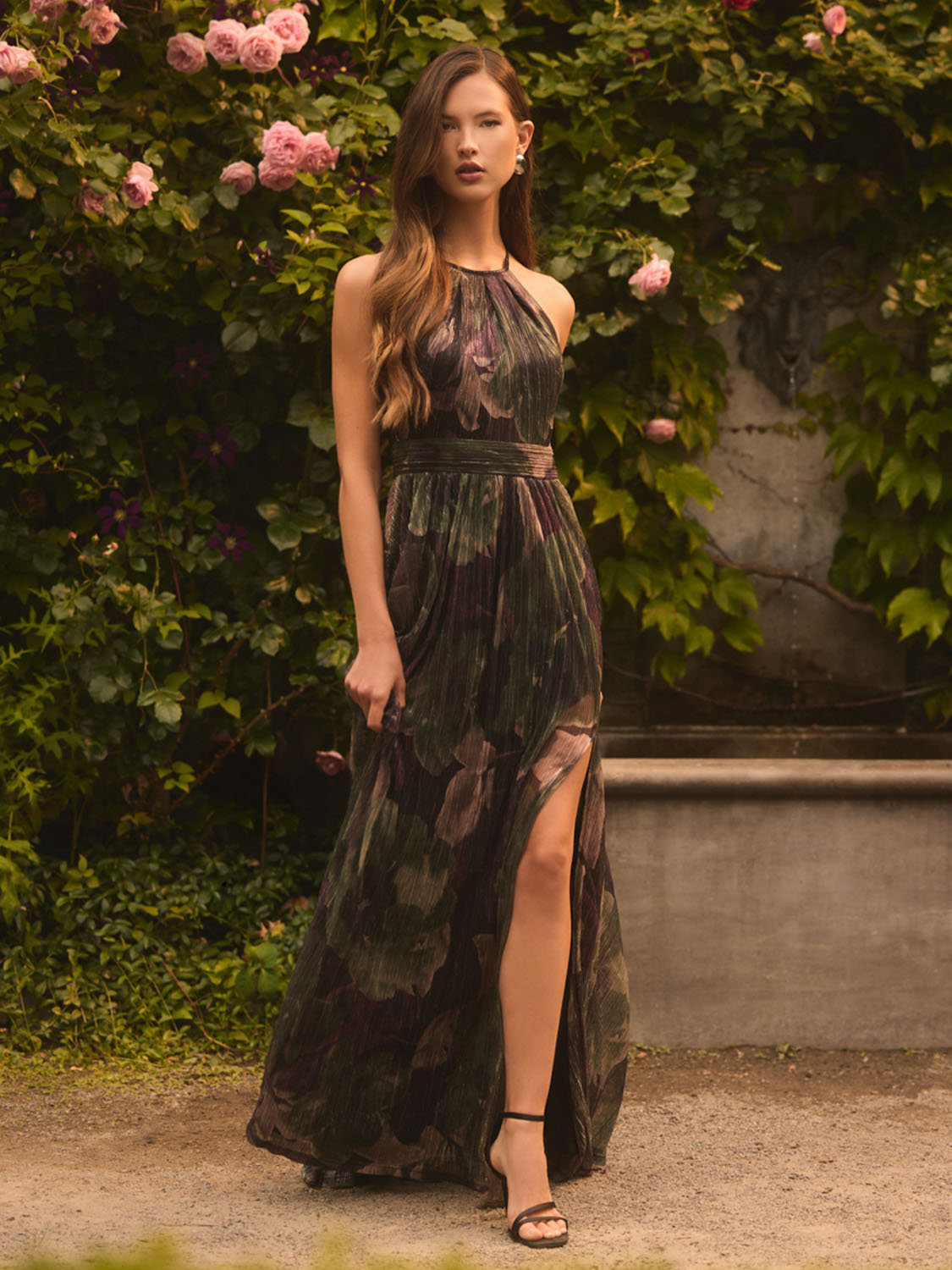 Floral Metallic Crinkle Knit Halter Neck Gown | Le Chateau