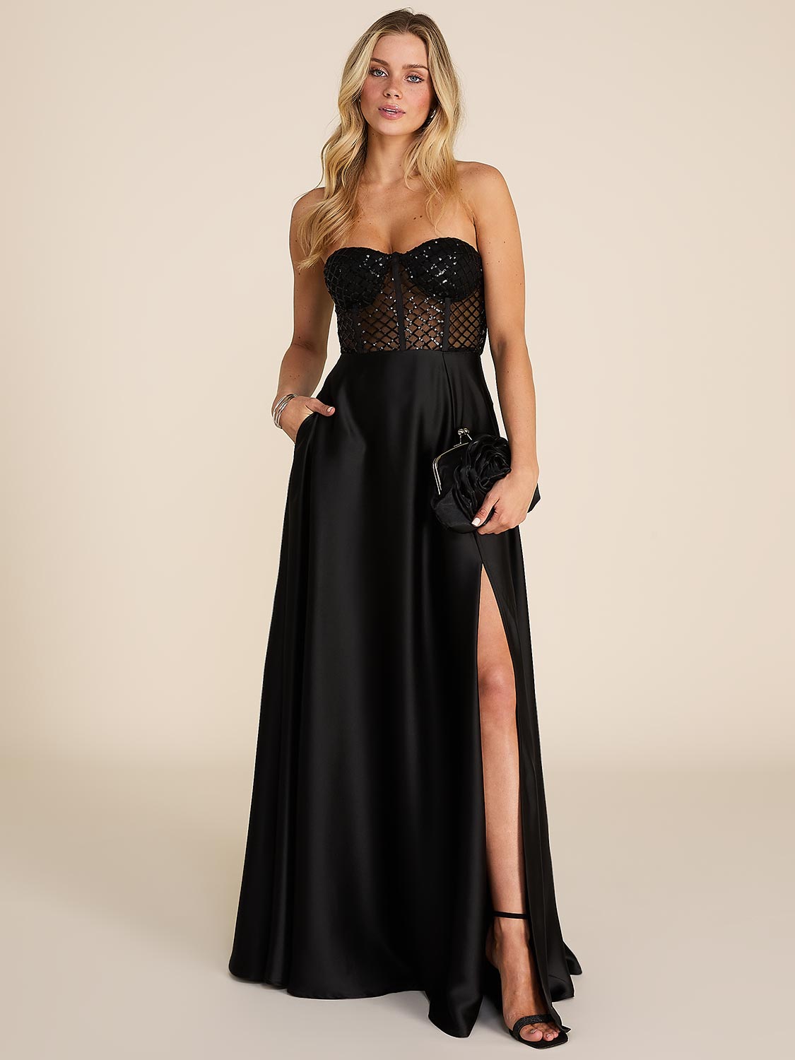 Sleeveless Sequin Bustier Satin Gown