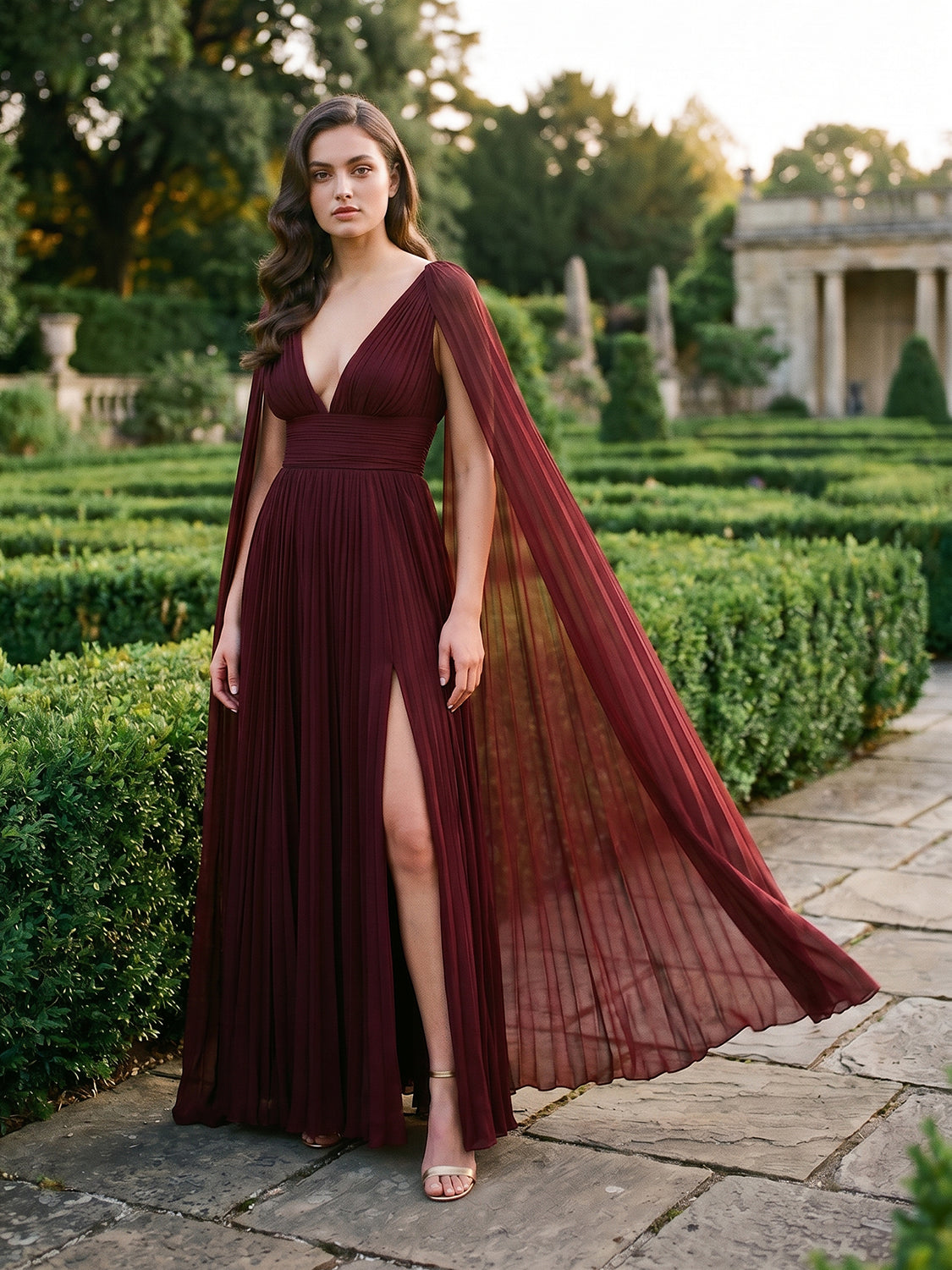 V-Neck Pleated Chiffon Gown with Cape