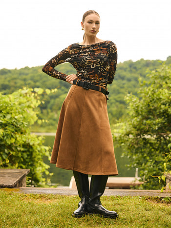 Belted Pleated Faux Suede Skirt Camel