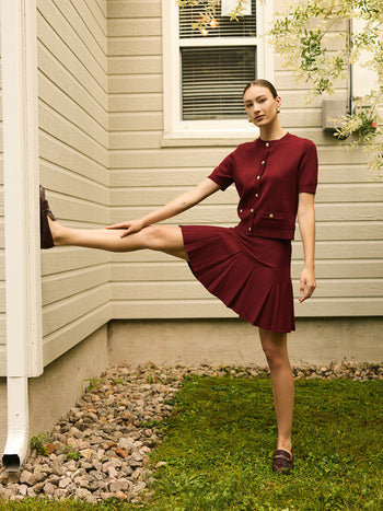 Sweater Knit Pleated Mini Skirt Rumba Red