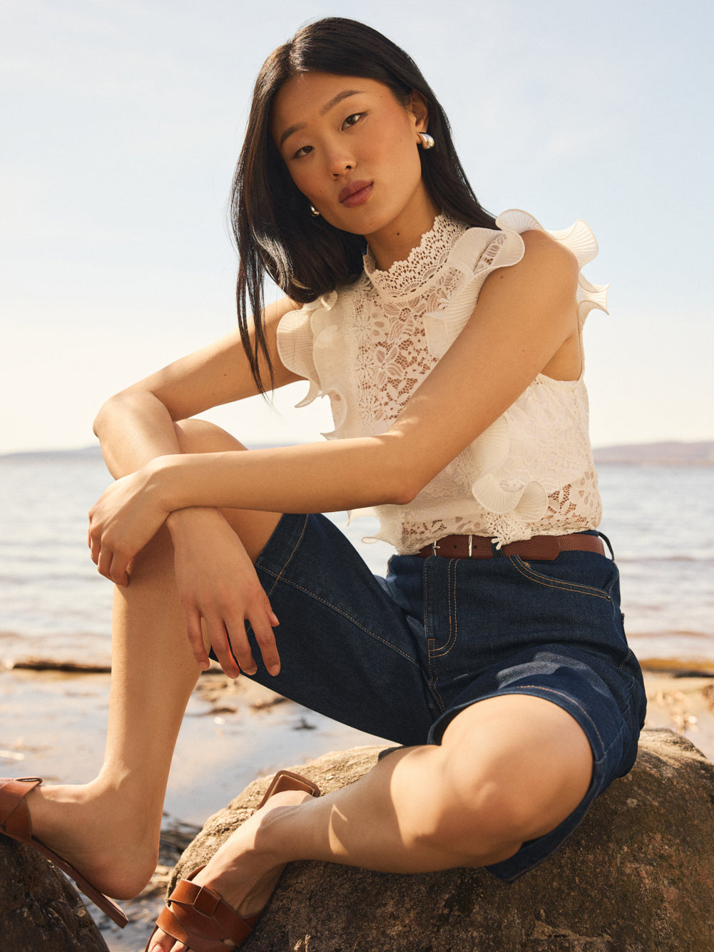 Ruffle Detail Sleeveless Lace Top – Suzy Shier
