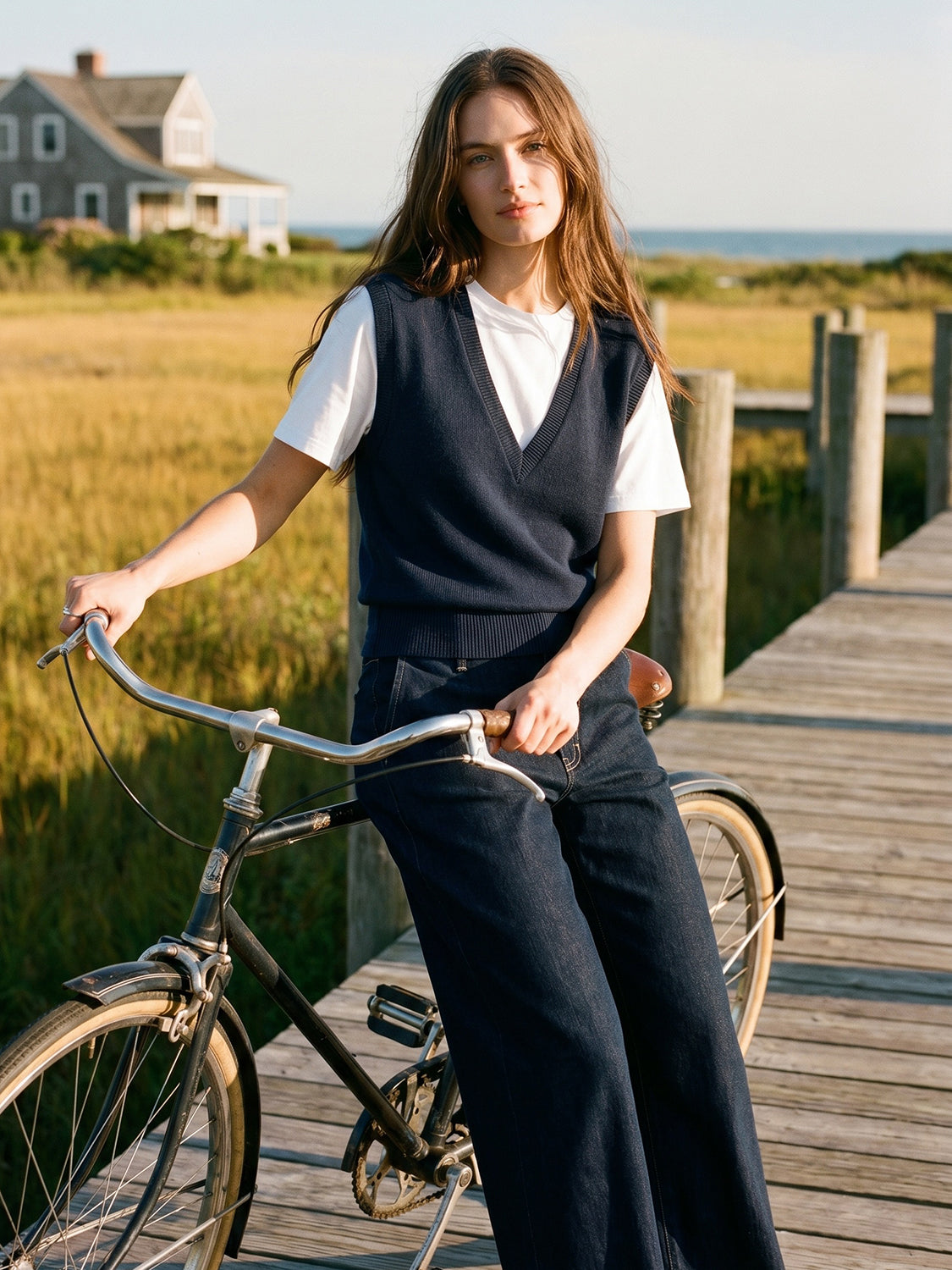 Navy Blazer Melange Crew Neck 2fer Top with V-Neck Vest - Woman Wearing Layered Look Knit Top - Suzy Shier