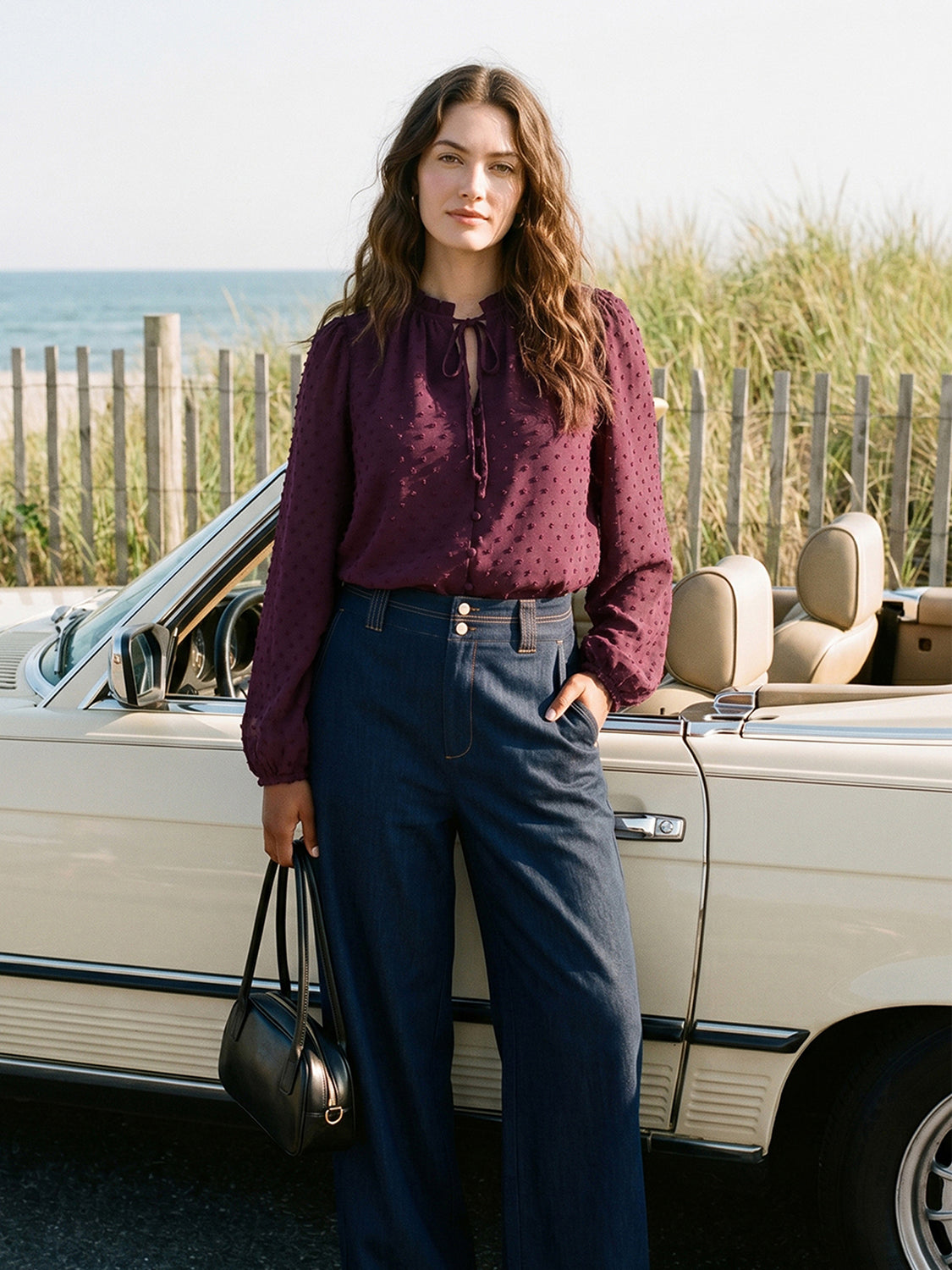 Winetasting Swiss Dot Peplum Blouse with Ruffle Neck - Woman Wearing Textured Blouse with Self-Tie - Suzy Shier