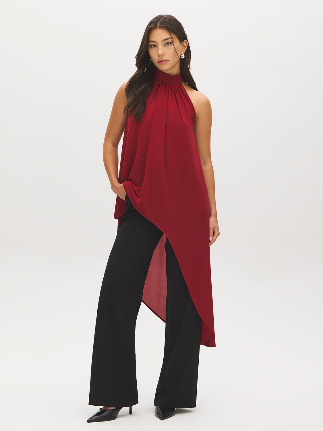 Lipstick Asymmetrical Mesh Halter Top - Woman Wearing Sleeveless Long Halter Top - Suzy Shier