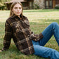 Khaki Plaid Shacket with Front Pockets - Woman Wearing Layered Jacket - Suzy Shier