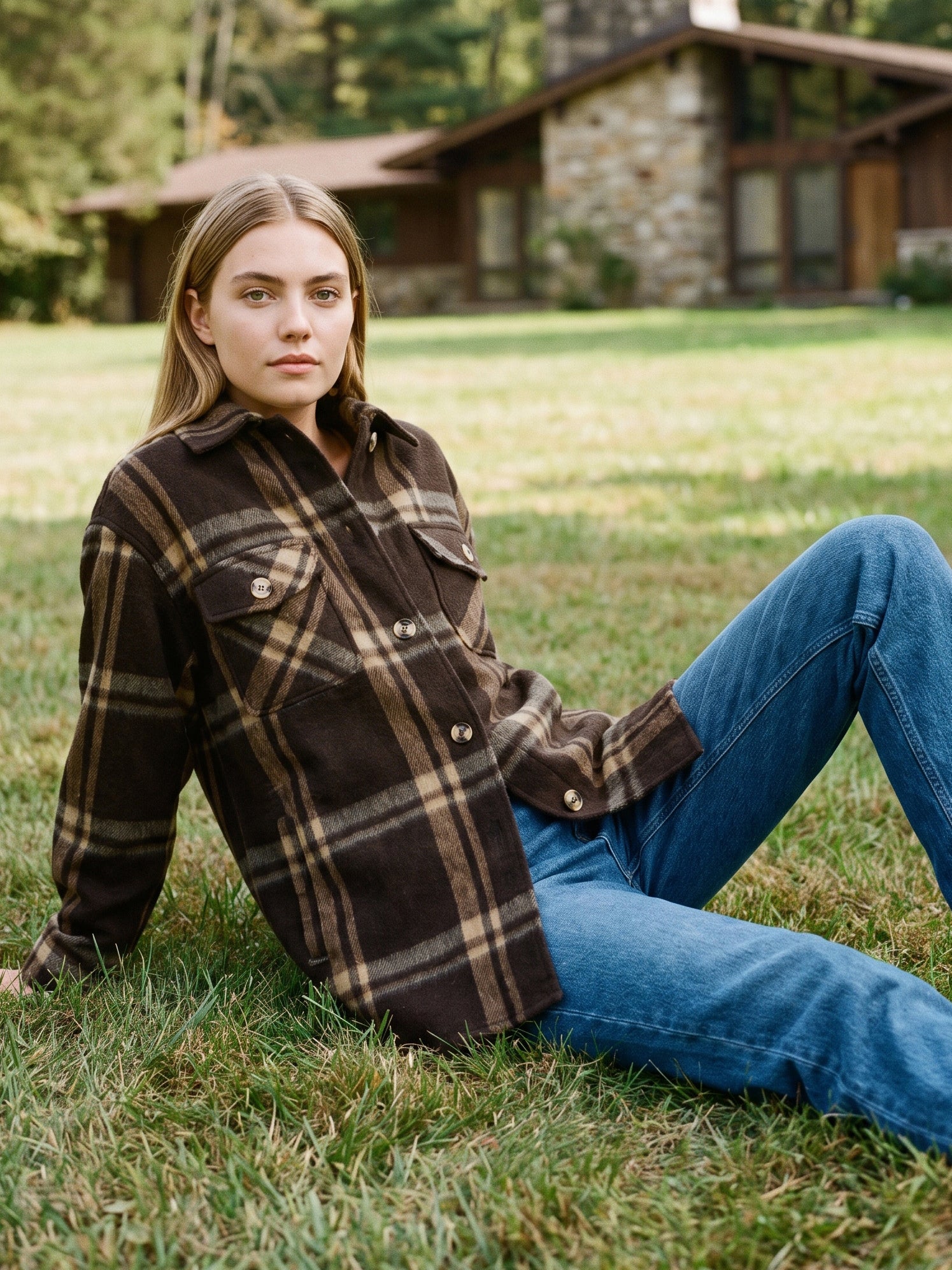 Khaki Plaid Shacket with Front Pockets - Woman Wearing Layered Jacket - Suzy Shier