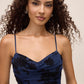 Midnight Blue Mesh Cowl Neck Gown with Floral Velvet Flocking - Close-up Cowl Neck Detail - Le Chateau