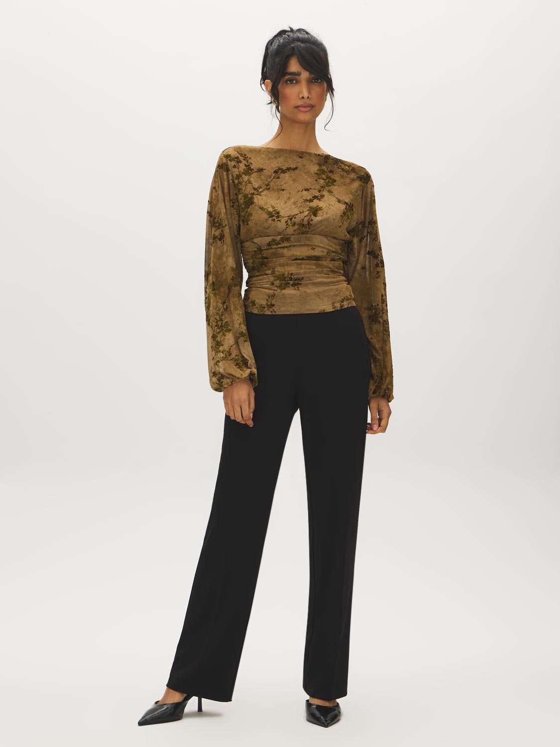 Floral Flocked Mesh Top with Balloon Sleeves - Front View - Suzy Shier