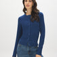Estate Blue Cable Knit Button-Front Cardigan - Woman Wearing Classic Knit Sweater - Suzy Shier