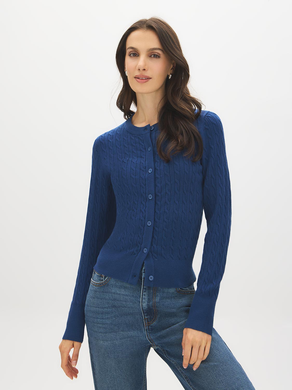 Estate Blue Cable Knit Button-Front Cardigan - Woman Wearing Classic Knit Sweater - Suzy Shier