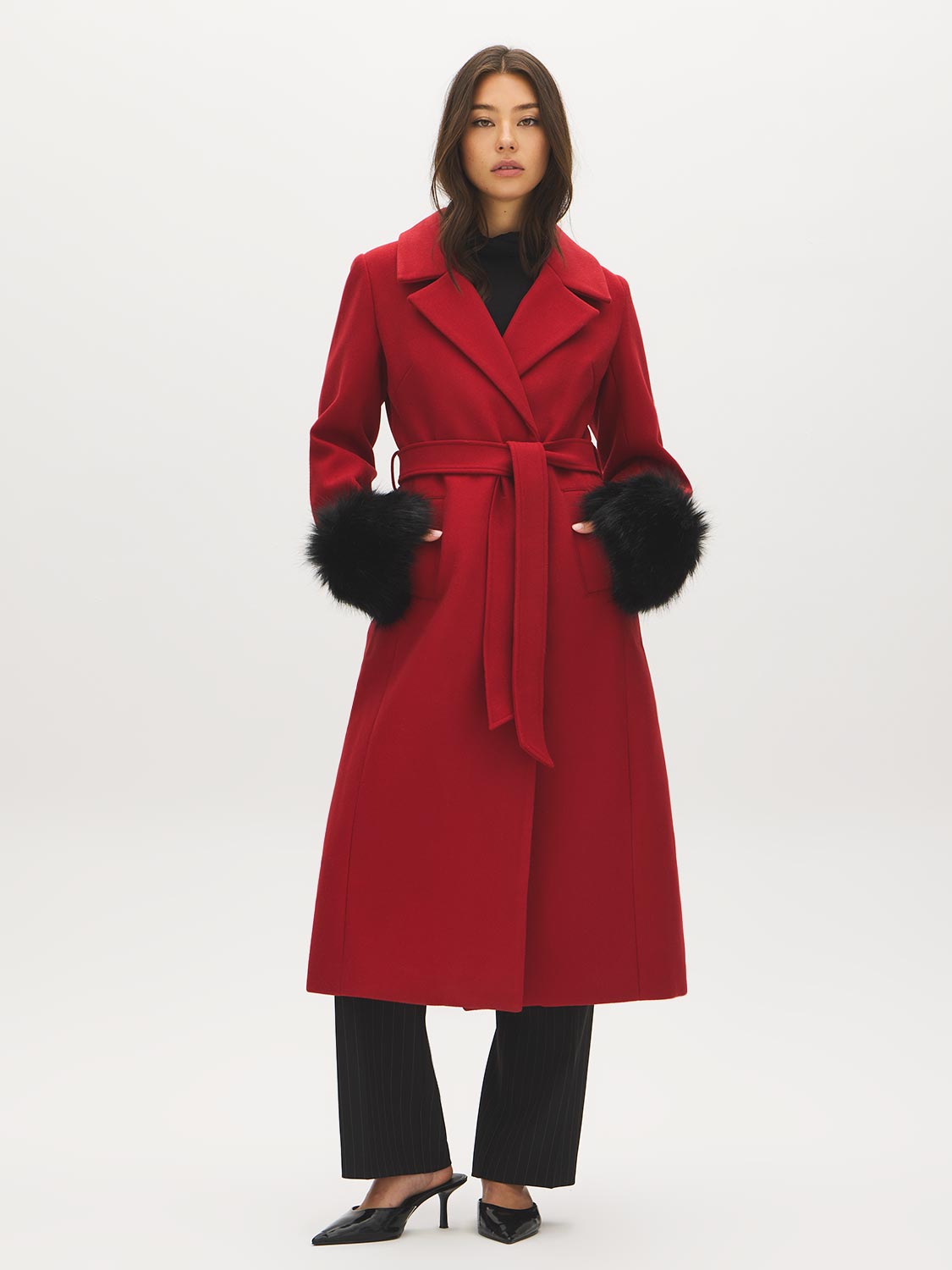 Dark Brown Melange Long Belted Faux Wool Coat - Collar Detail - Suzy Shier
