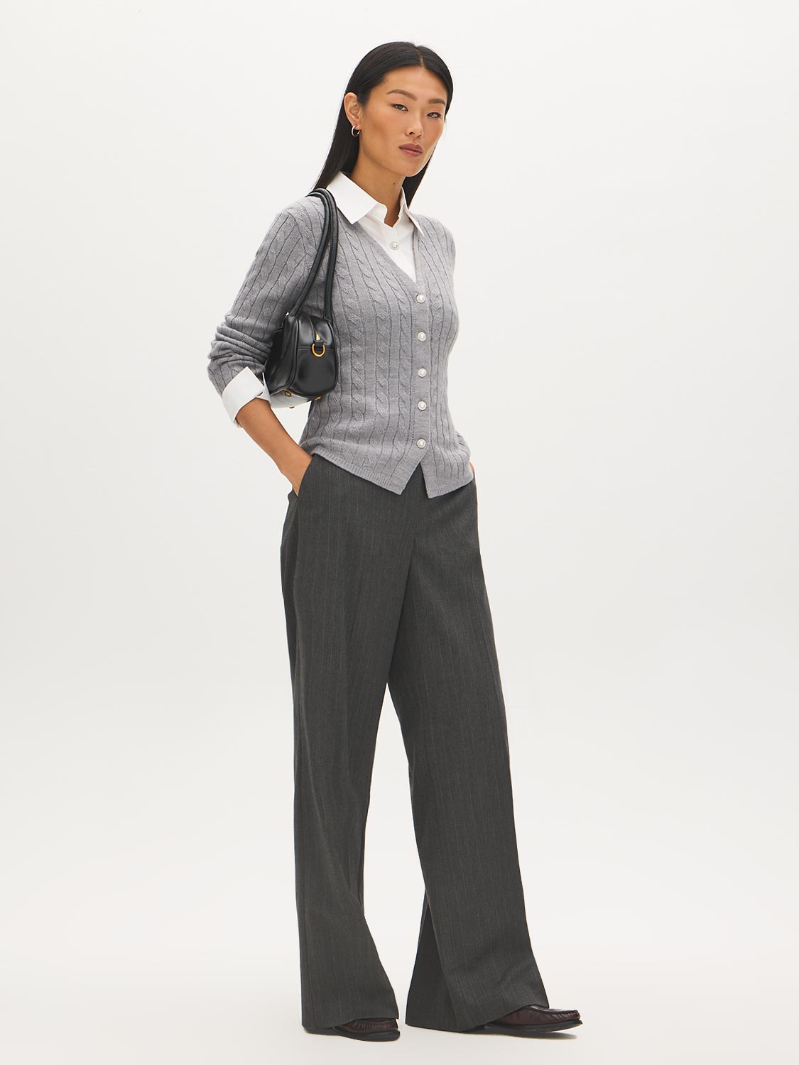 MG Grey Mix Twofer Cable Knit V-Neck Cardigan - Front View - Suzy Shier
