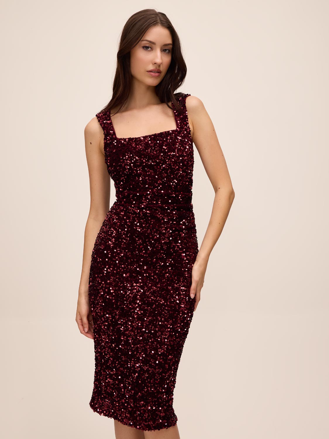 Burgundy Sequin Square Neck Sheath Dress - Front View - Le Chateau