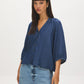 Dark Wash Button-Front Tencel Blouse with Balloon Sleeves - Woman Wearing Relaxed Fit Blouse - Suzy Shier