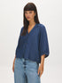 Dark Wash Button-Front Tencel Blouse with Balloon Sleeves - Woman Wearing Relaxed Fit Blouse - Suzy Shier