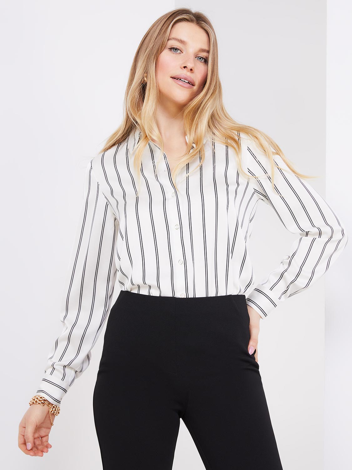 Double Pinstripe Satin Button-Front Blouse – Suzy Shier