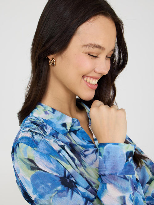 Printed Button-Front Blouse With Tie Front