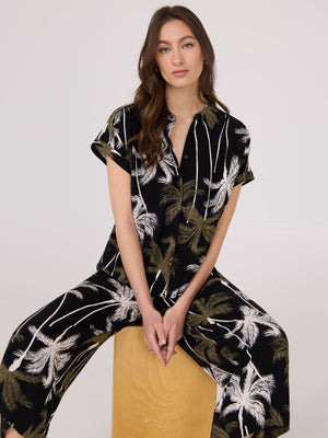Palm Print Button-Front Bowling Shirt Black